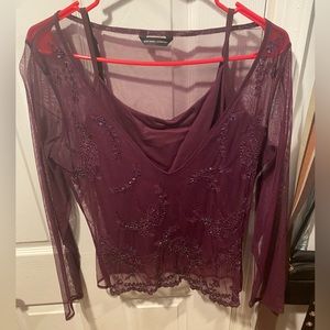 Vintage 2 layer top. Maroon camisole with beaded mesh Long sleeve.
